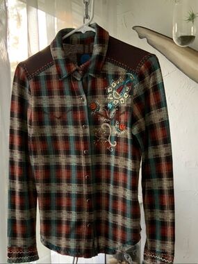 Double D Ranch Teal, Rust & Cream Plaid Embroidered Button-Down